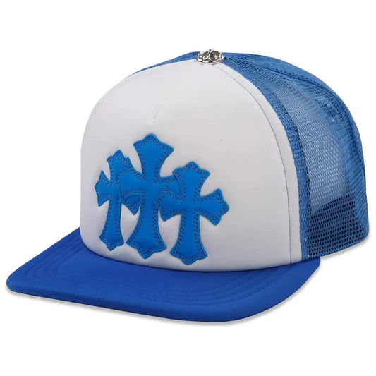 Chrome Hearts Leather Cemetery Cross Patch Trucker Hat White/Neon Blue