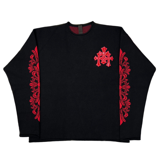 Chrome Hearts Patent Leather Triple Cross Floral Sleeve Cashmere Sweater Black/Red