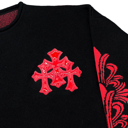 Chrome Hearts Patent Leather Triple Cross Floral Sleeve Cashmere Sweater Black/Red