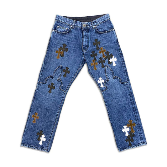 CHROME HEARTS INDIGO DENIM "BROWN BLACK & WHITE CROSSES"