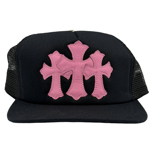 Chrome Hearts Leather Cemetery Cross Patch Trucker Hat Black/Pink
