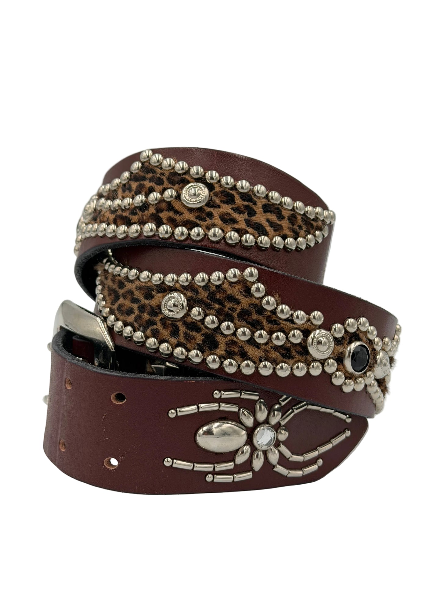 Mannahatta NYC Studded Leather Leopard Hair Belt