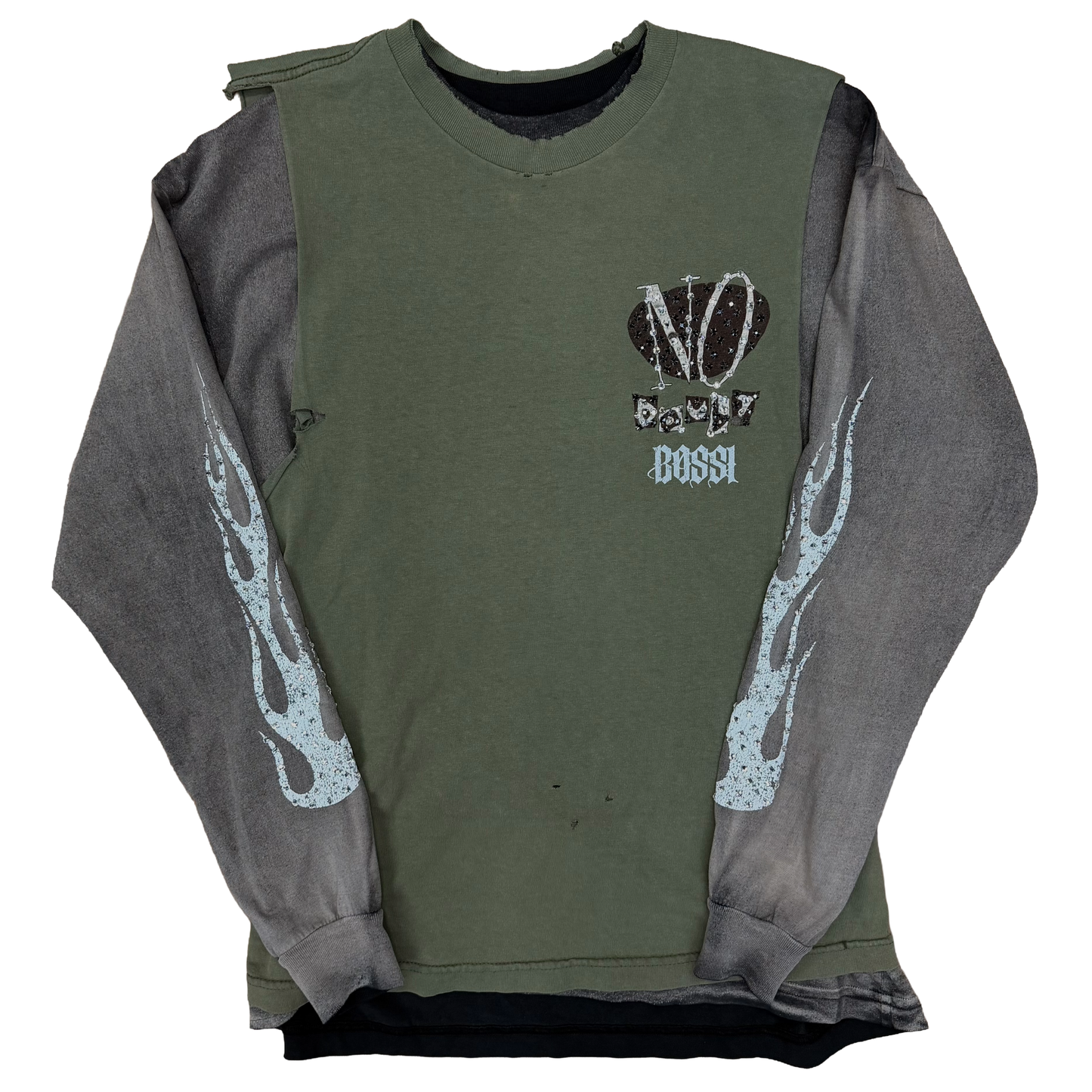 Bossi No Doubt Vintage Wash Double Layer Rhinestone L/S T-Shirt Olive/Grey
