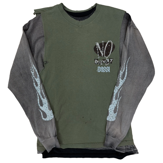 Bossi No Doubt Vintage Wash Double Layer Rhinestone L/S T-Shirt Olive/Grey