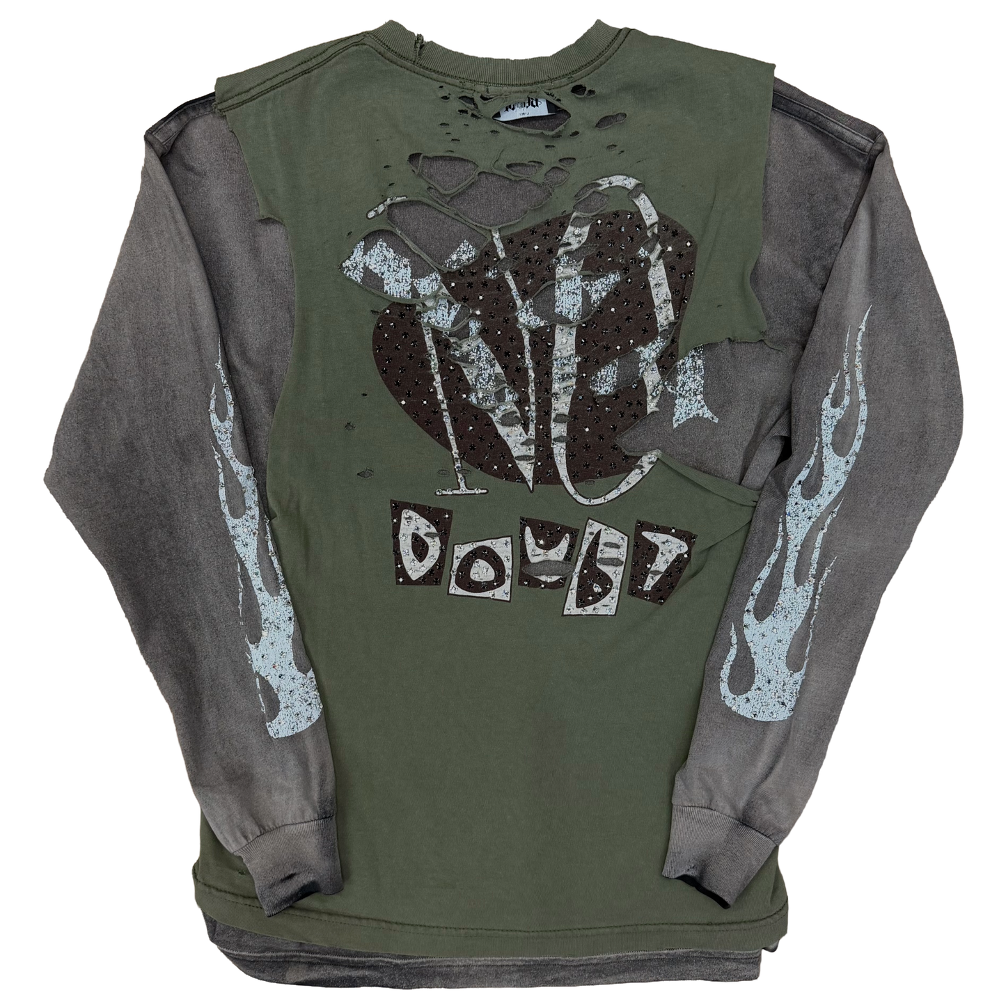 Bossi No Doubt Vintage Wash Double Layer Rhinestone L/S T-Shirt Olive/Grey