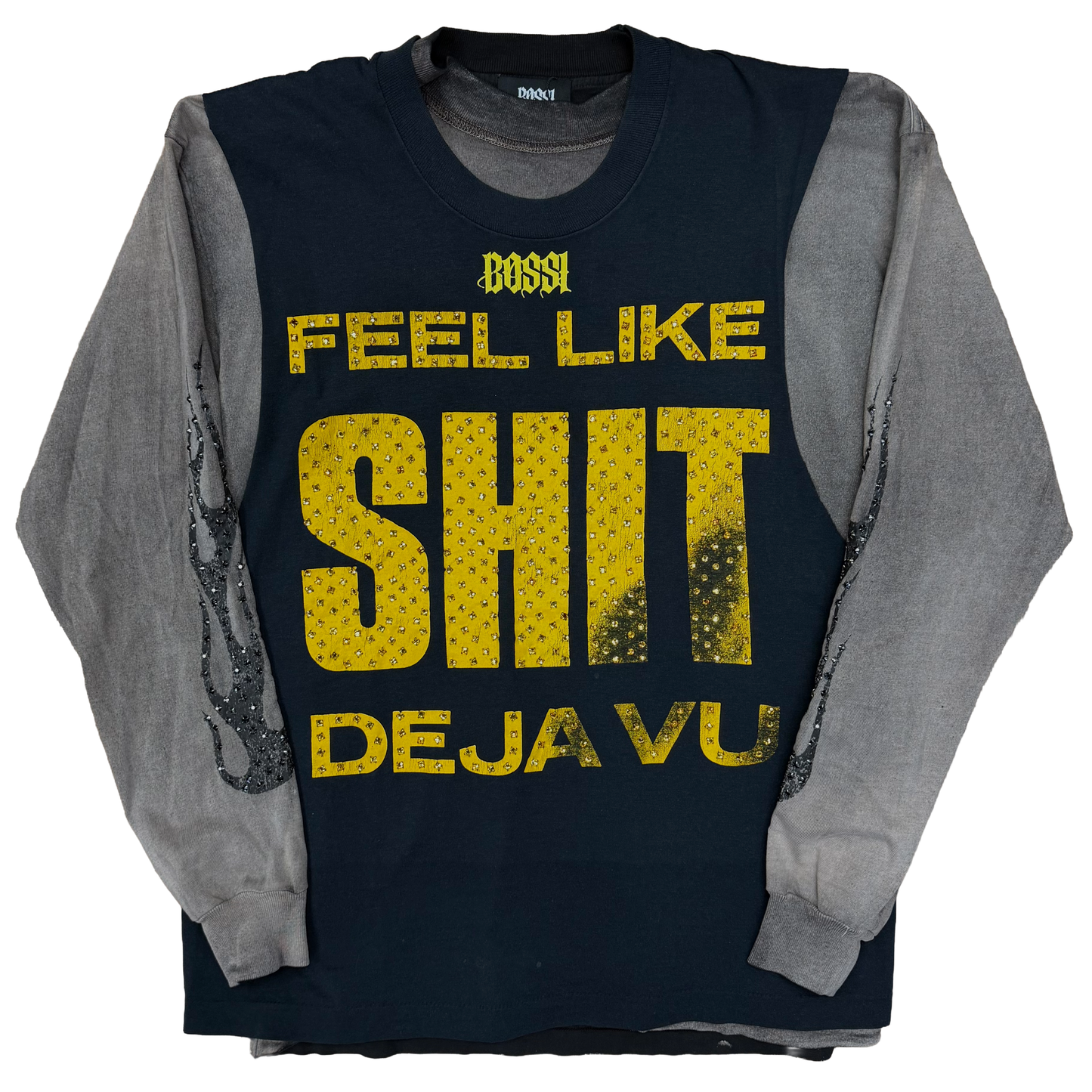 Bossi Feel Like Sh*t Vintage Wash Double Layer Rhinestone L/S T-Shirt Navy/Yellow/Grey