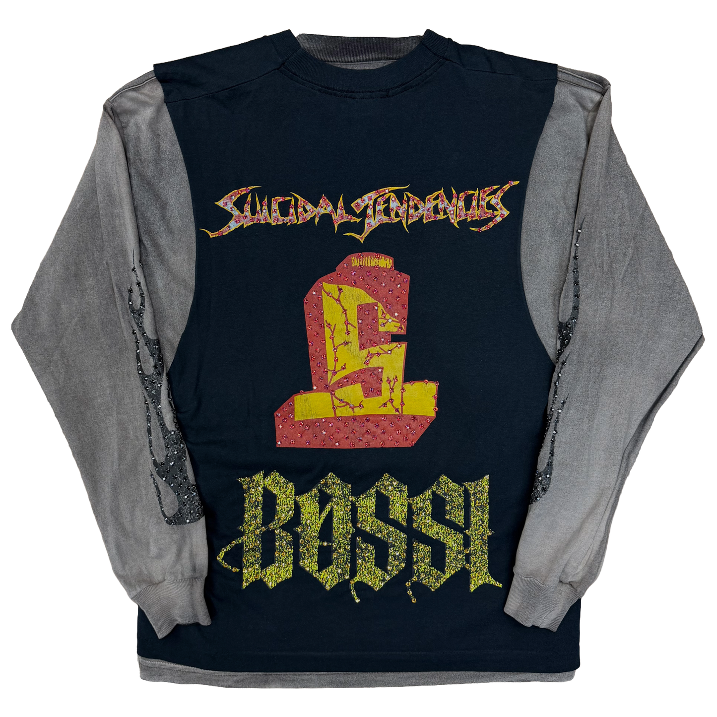 Bossi Feel Like Sh*t Vintage Wash Double Layer Rhinestone L/S T-Shirt Navy/Yellow/Grey