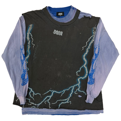 Bossi Lightning Vintage Wash Double Layer Rhinestone L/S T-Shirt Black/Blue