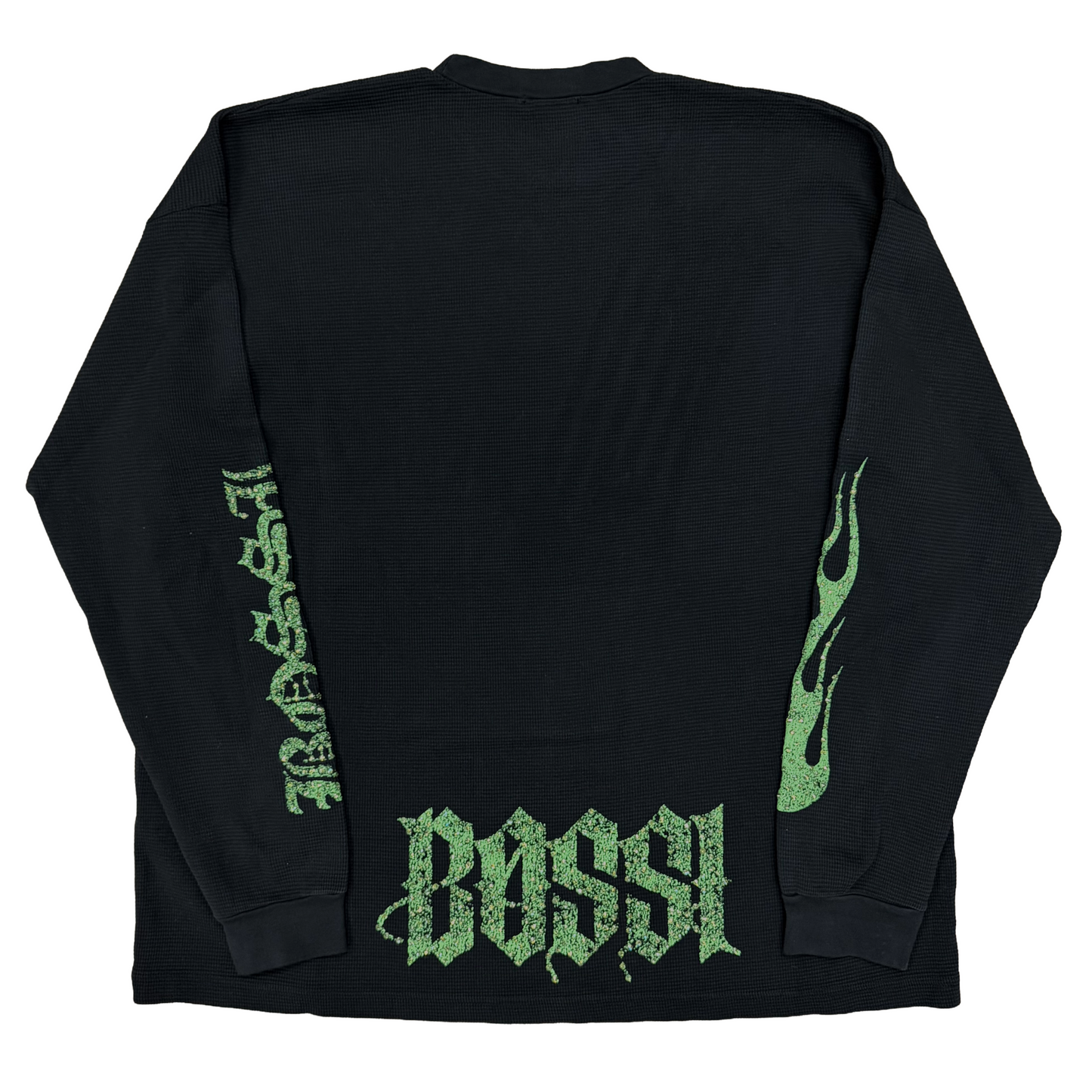 Bossi Rhinestone Logo Flame Sleeve Thermal L/S T-Shirt Black/Green