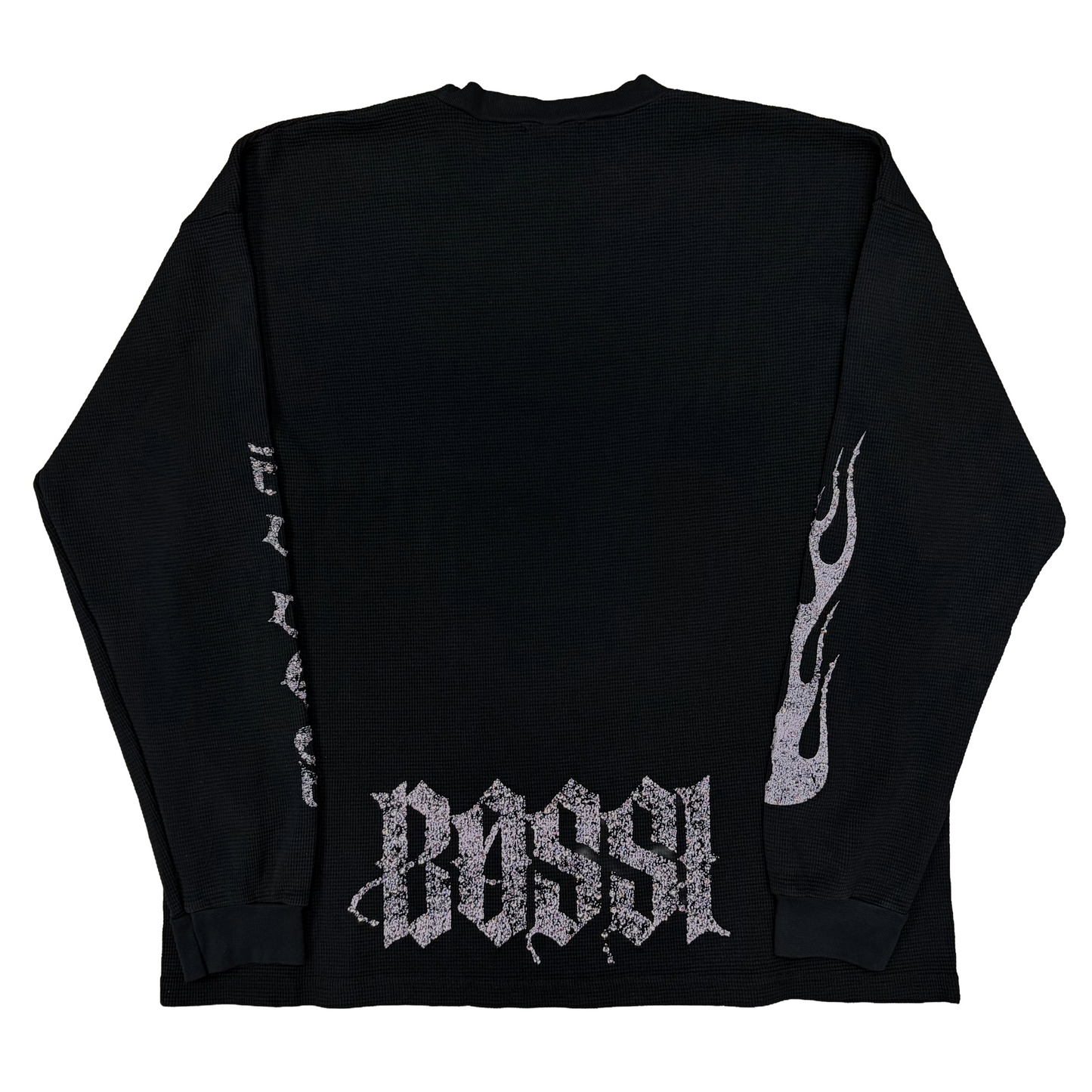 Bossi Rhinestone Logo Flame Sleeve Thermal L/S T-Shirt Black/Pink