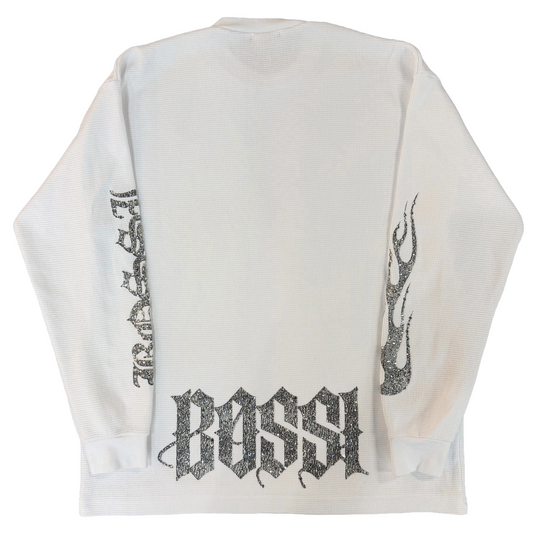 Bossi Rhinestone Logo Flame Sleeve Thermal L/S T-Shirt White/Silver