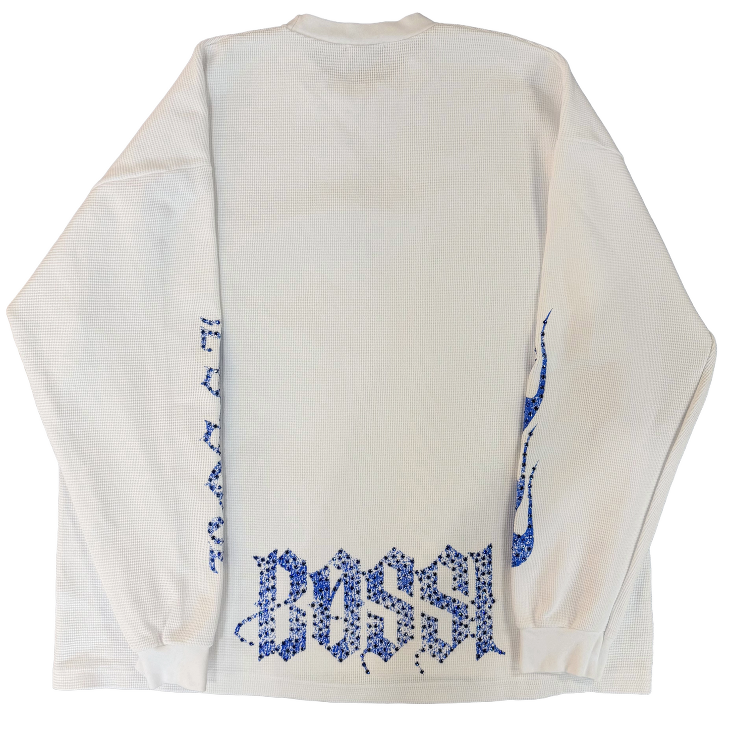 Bossi Rhinestone Logo Flame Sleeve Thermal L/S T-Shirt White/Blue