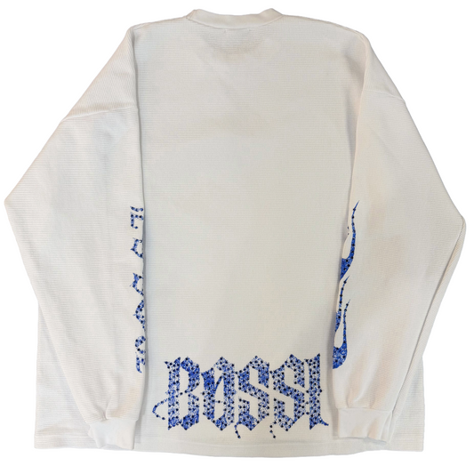 Bossi Rhinestone Logo Flame Sleeve Thermal L/S T-Shirt White/Blue