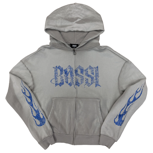Bossi Rhinestone Logo Flame Sleeve Zip-Up Hoodie Grey/Blue