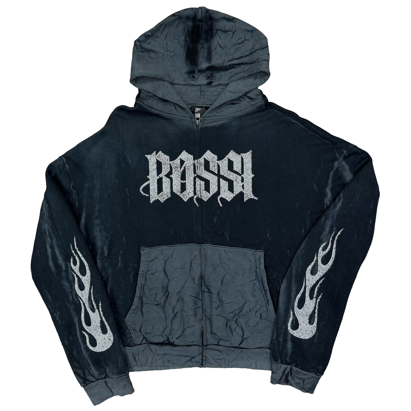 Bossi Rhinestone Logo Zip-Up Hoodie Washed Black/White