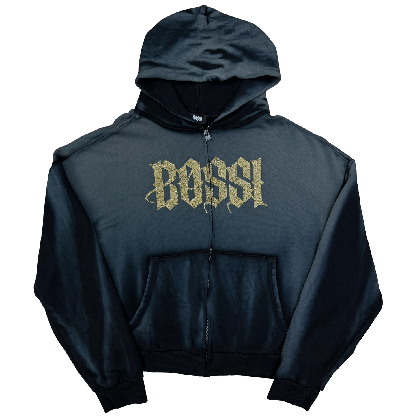 Bossi Rhinestone Logo Zip-Up Hoodie Washed Black/Gold