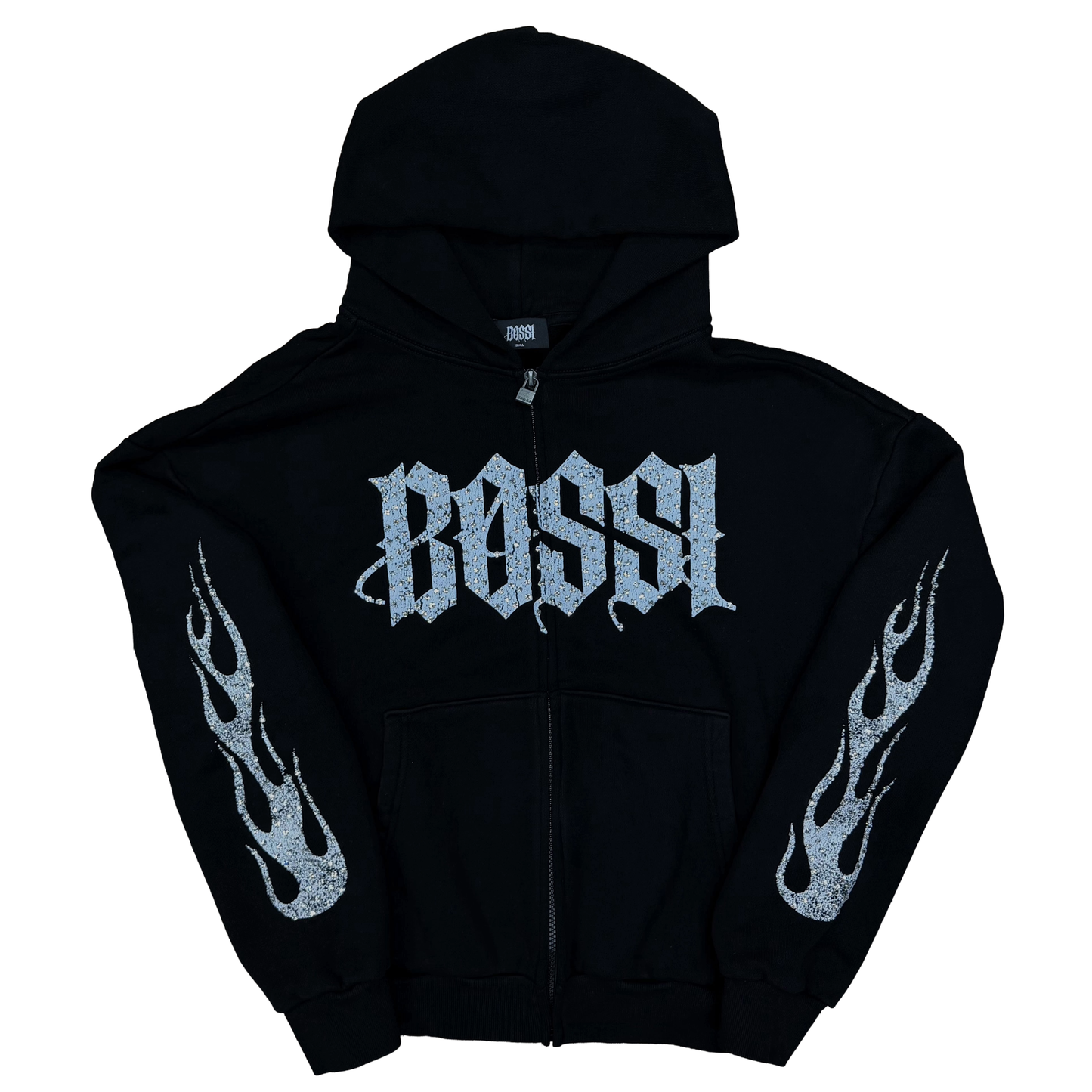 Bossi Rhinestone Logo Flame Sleeve Zip-Up Hoodie Black/White