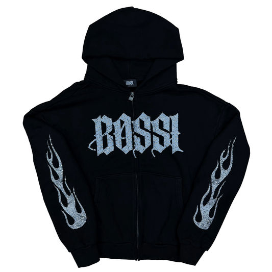 Bossi Rhinestone Logo Flame Sleeve Zip-Up Hoodie Black/White