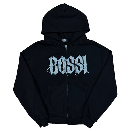 Bossi Rhinestone Logo Zip-Up Hoodie Black/White