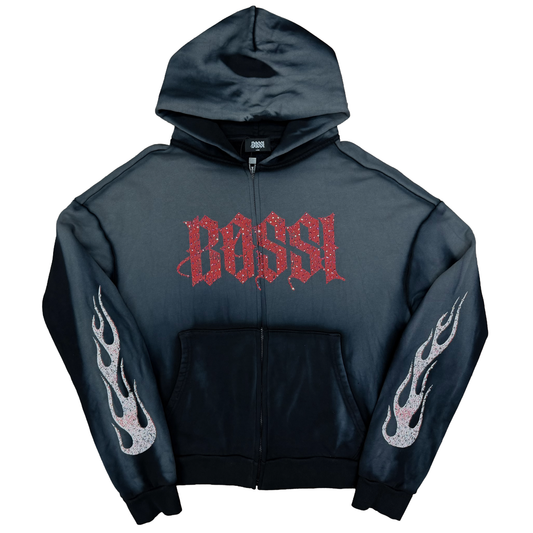 Bossi Rhinestone Logo Flame Sleeve Zip-Up Hoodie Washed Black/Red