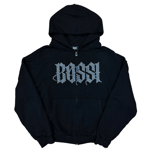 Bossi Rhinestone Logo Zip-Up Hoodie Black/Grey