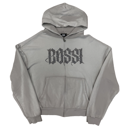 Bossi Rhinestone Logo Zip-Up Hoodie Washed Grey/Grey