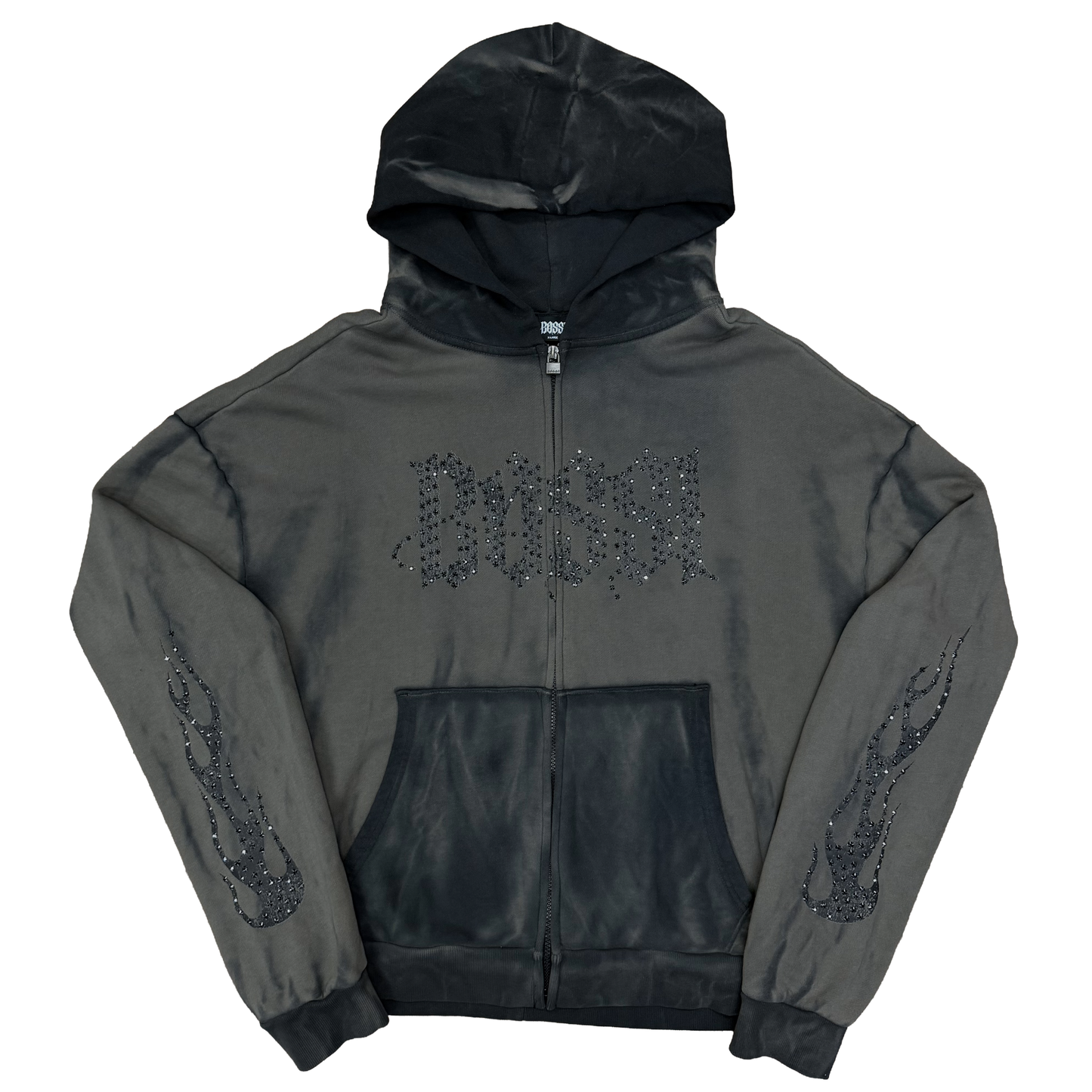 Bossi Rhinestone Logo Flame Sleeve Zip-Up Hoodie Washed Taupe/Black