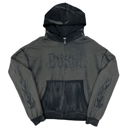 Bossi Rhinestone Logo Flame Sleeve Zip-Up Hoodie Washed Taupe/Black