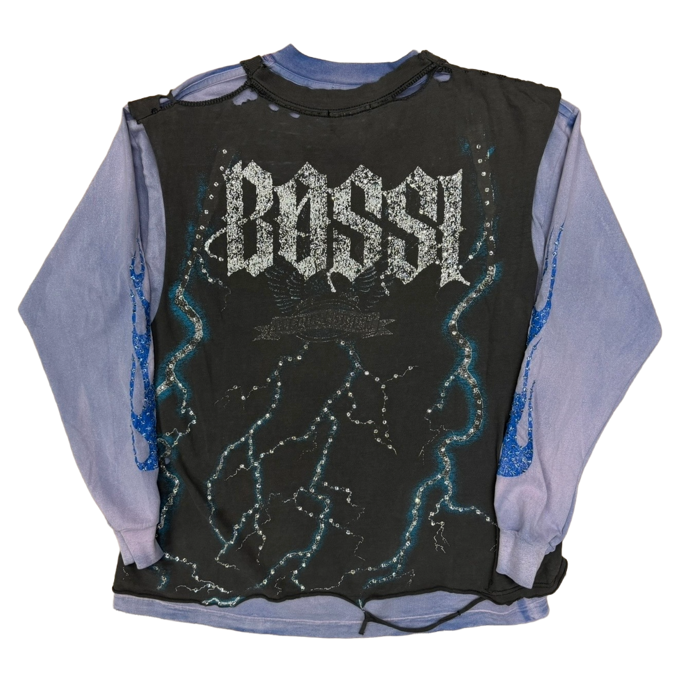 Bossi Lightning Vintage Wash Double Layer Rhinestone L/S T-Shirt Black/Blue