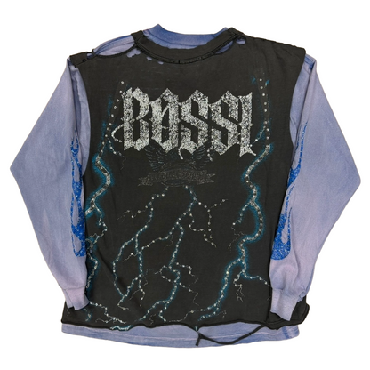 Bossi Lightning Vintage Wash Double Layer Rhinestone L/S T-Shirt Black/Blue