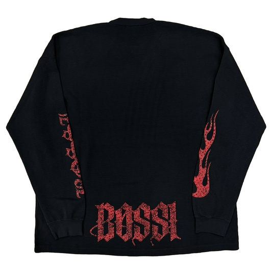 Bossi Rhinestone Logo Flame Sleeve Thermal L/S T-Shirt Black/Red
