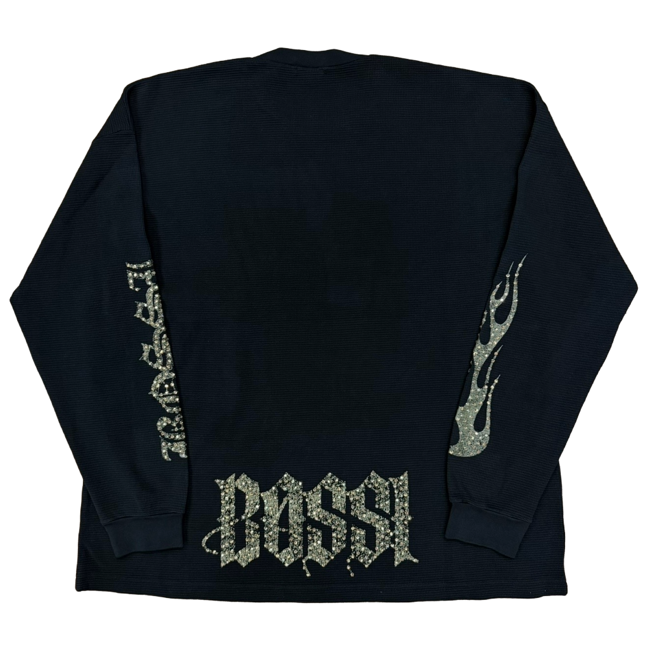 Bossi Rhinestone Logo Flame Sleeve Thermal L/S T-Shirt Black/Gold