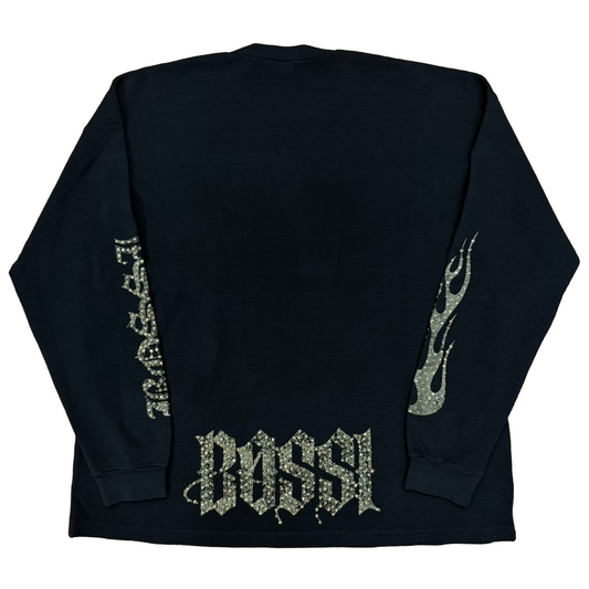 Bossi Rhinestone Logo Flame Sleeve Thermal L/S T-Shirt Black/Gold