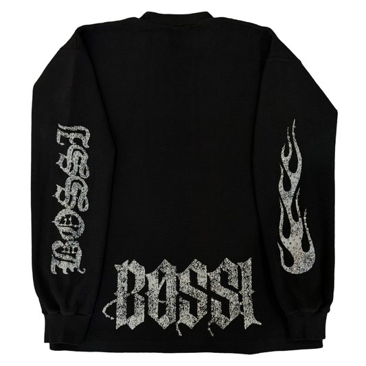 Bossi Rhinestone Logo Flame Sleeve Thermal L/S T-Shirt Black/White
