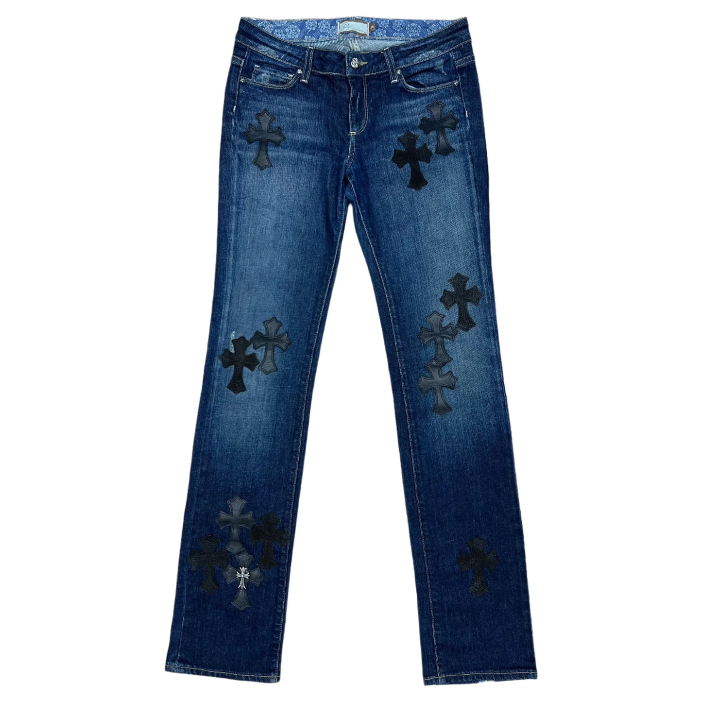 Chrome Hearts Black Leather Cross Patch Vintage Jeans Dark Blue (Women's)