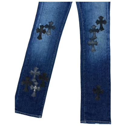 Chrome Hearts Black Leather Cross Patch Vintage Jeans Dark Blue (Women's)
