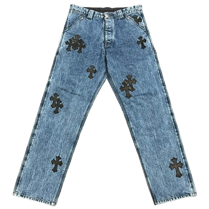 Chrome Hearts Black Leather Cross Patch Cargo Jeans Light Blue