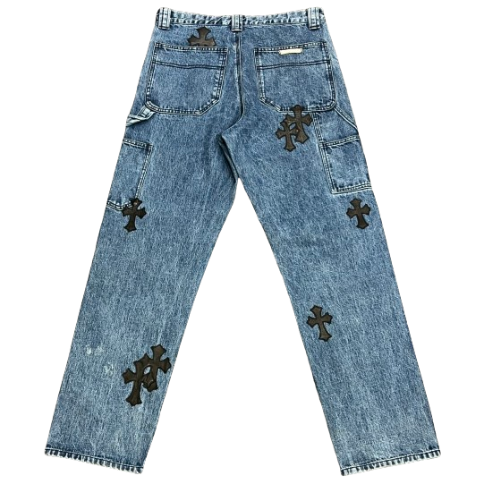 Chrome Hearts Black Leather Cross Patch Cargo Jeans Light Blue