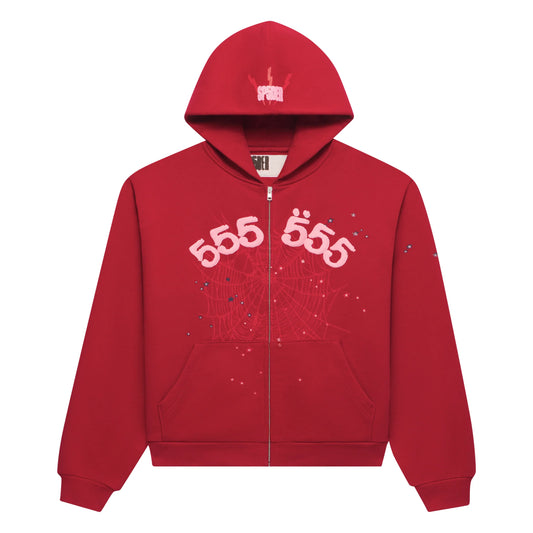 Sp5der Angel Number Zip-Up Hoodie Merlot