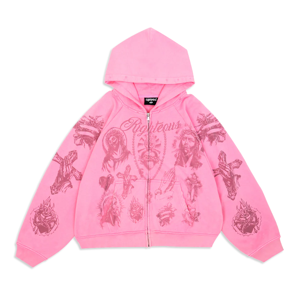 We Are Righteous Tatted Believer Zip-Up Hoodie Pink