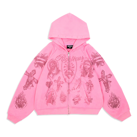We Are Righteous Tatted Believer Zip-Up Hoodie Pink