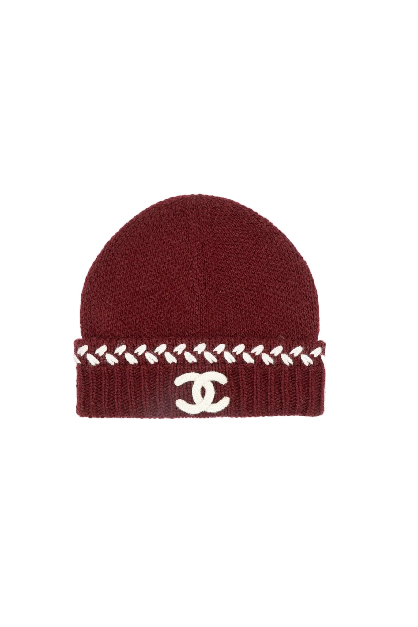 Chanel Knitted Beanie Burgundy/White