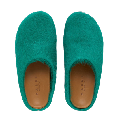 Marni Long-Hair Calfskin Fussbett Sabot Loafers Sea Green