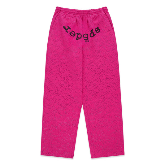 Sp5der Rhinestone OG Logo V2 Wide Leg Sweatpants Pink
