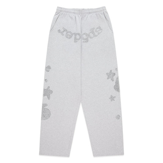 Sp5der Rhinestone Beluga V2 Wide Leg Sweatpants Heather Grey