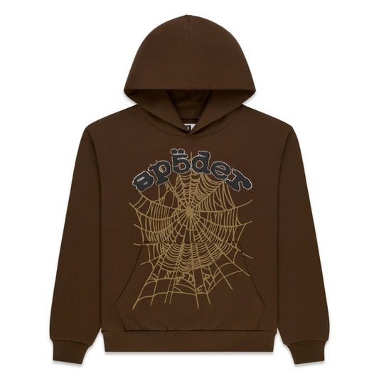 Sp5der Rhinestone OG Web Hoodie Brown