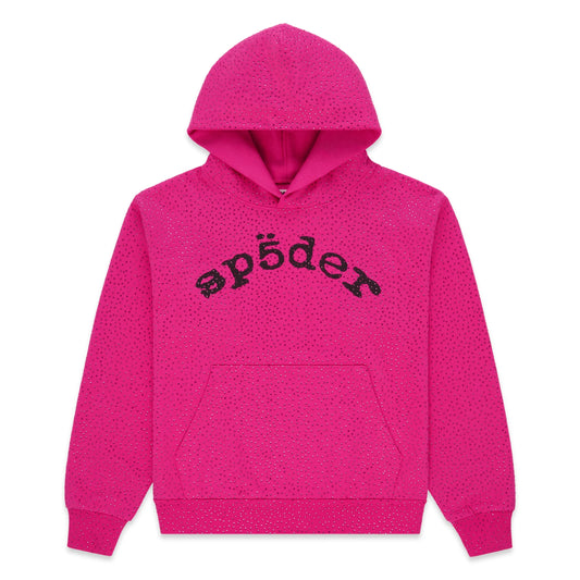 Sp5der Webstone AOP Rhinestone Hoodie Pink