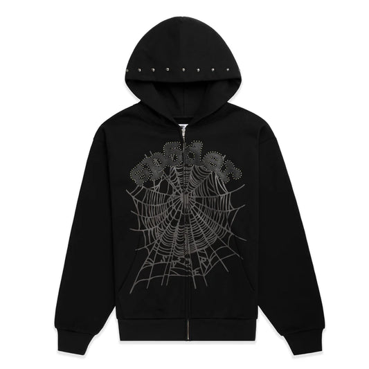 Sp5der OG Web Studded Zip Hoodie Black