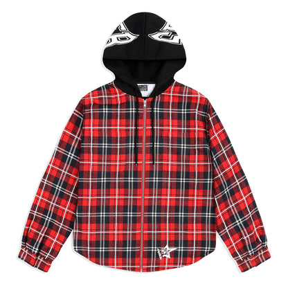 SP5DER Hooded Zip Flannel Shirt Jacket Red Plaid