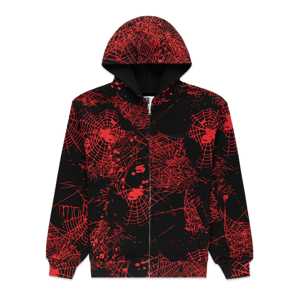 Sp5der AOP Web V2 Zip-Up Hoodie Black